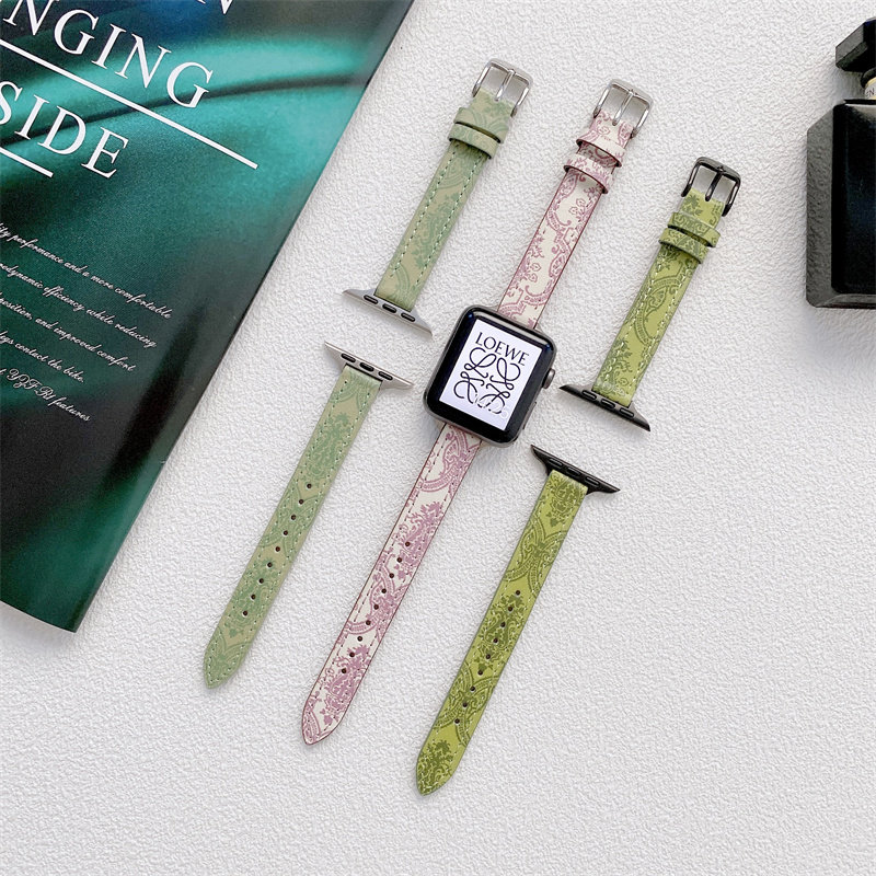适用苹果手表s7表带iwatch7/se/6/5/4/3/2/1代创意女生腕带45/41/40/42/44mm真皮小香风民族风瘦身手表带新款