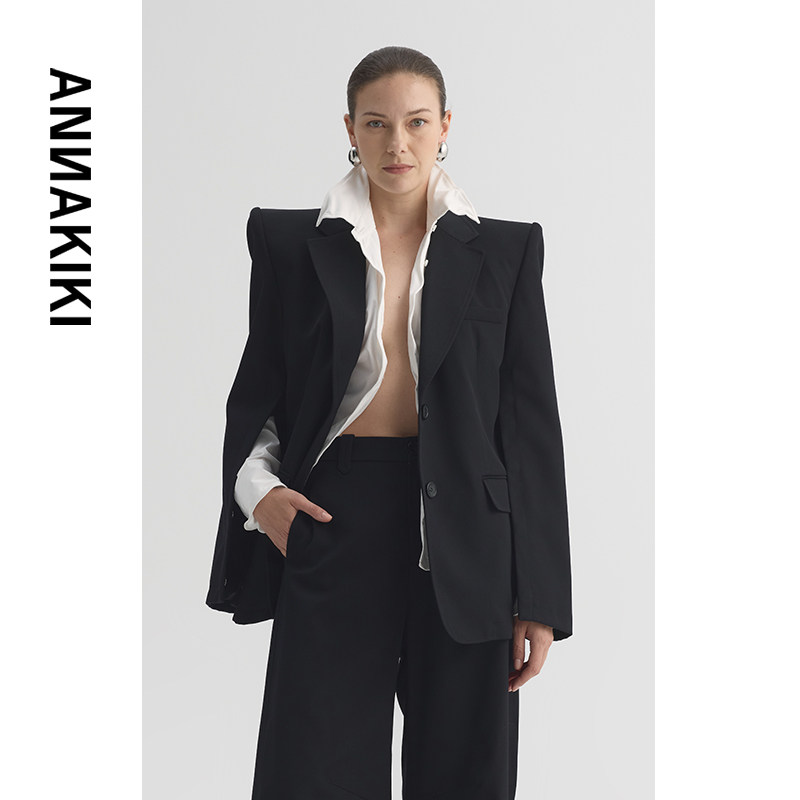ANNAKIKI西装 26春小众设计师款 黑色羊毛袖开衩垫肩西装外套女春,女装/女士精品,西装,淘宝优惠券,粉丝福利购,淘宝优惠卷