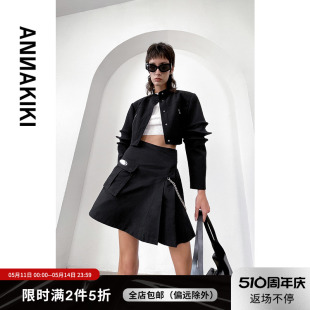 小众 ANNAKIKI半身裙 女装 黑色不对称拼接高腰工装 设计师款 风短裙
