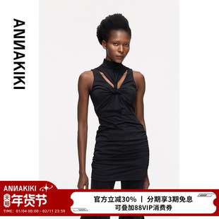 ANNAKIKI连衣裙【弦子明星同款】小众黑色扭结褶皱镂空性感连衣裙