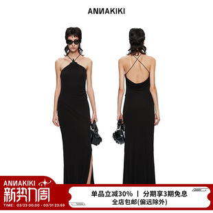 ANNAKIKI连衣裙 吊带鱼尾开衩礼服挂脖连衣裙 韩雪明星同款
