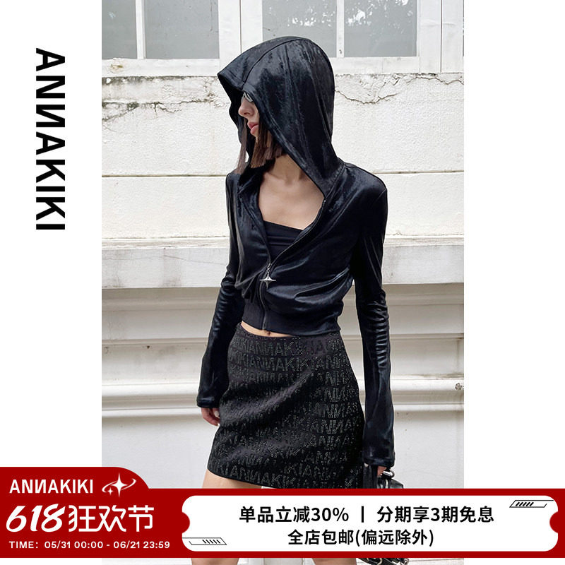 ANNAKIKI短外套 秋季小众设计师款 背后logo烫钻收腰连帽外套