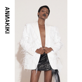 ANNAKIKI 外套女 25冬白色重工羽毛宽松西装 张杰 谭维维同款