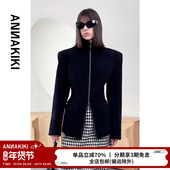 设计师款 女装 小众 ANNAKIKI西装 黑色双面呢宽肩收腰拉链西装 外套