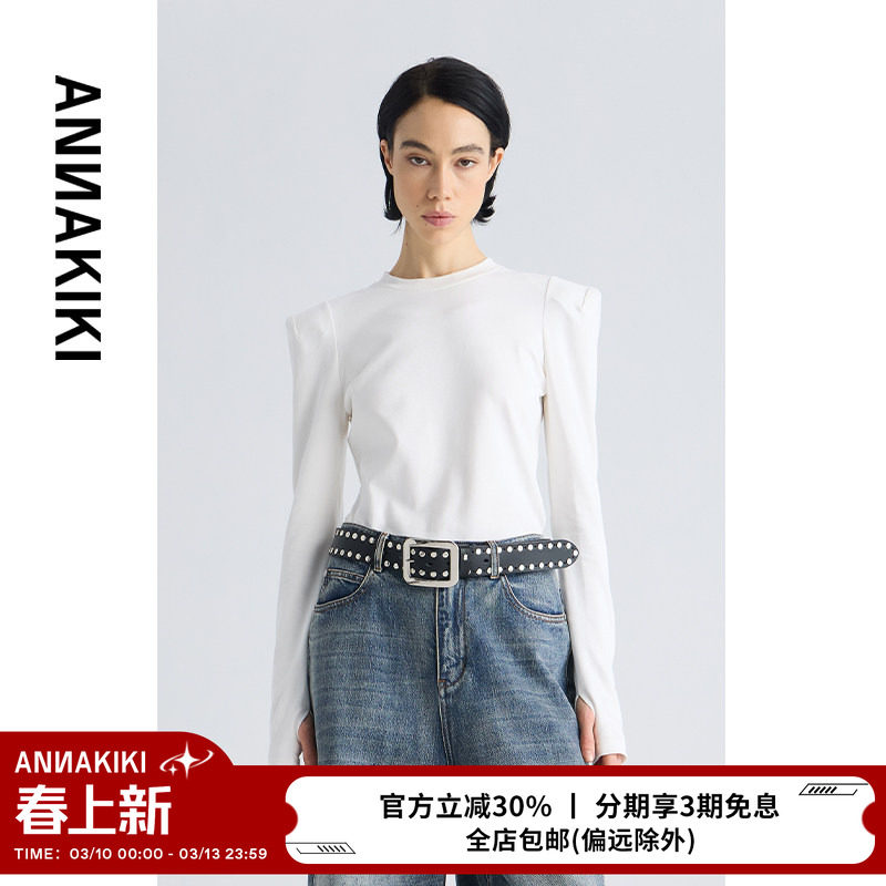 ANNAKIKI T恤 小众设计师款女装 立体垫肩长袖T恤百搭打底衫上衣