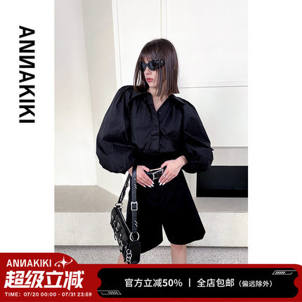 ANNAKIKI衬衫 设计师款女装小众 黑色泡泡袖衬衫女长袖衬衣秋新品