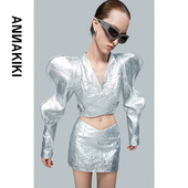 春装 小众设计师款 波浪袖 ANNAKIKI短外套 日字扣真皮短款 外套女