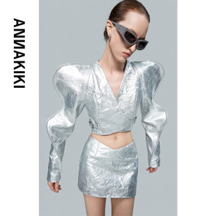 日字扣真皮短款 ANNAKIKI短外套 波浪袖 小众设计师款 外套女 春装