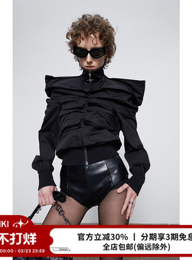 ANNAKIKI短外套【Ella陈嘉桦同款】小众黑色3D立体袖多褶短款外套