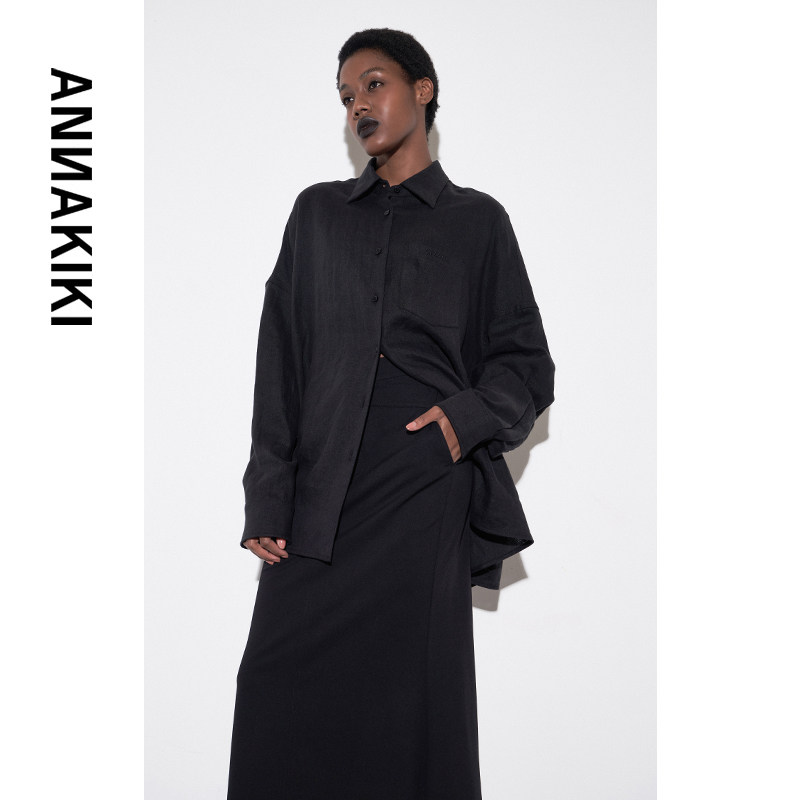 ANNAKIKI衬衫 冬装小众设计师款 黑色真丝宽松翻领长袖衬衫女