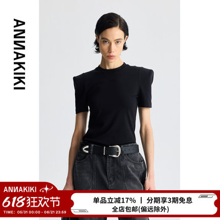ANNAKIKI T恤 【王鹤润同款】修身弹力直角肩短袖T恤垫肩上衣女
