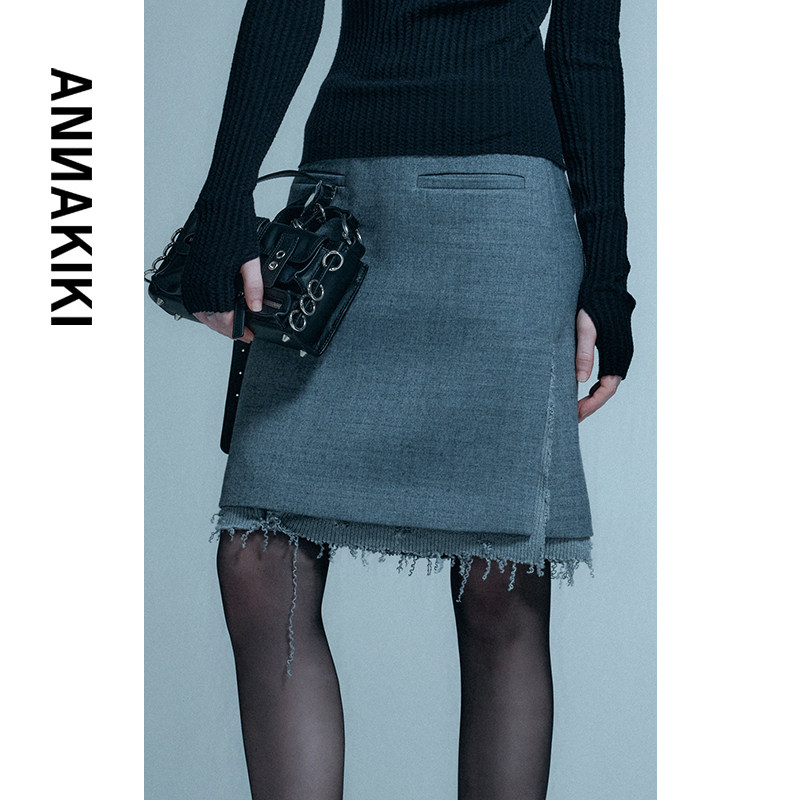 ANNAKIKI半身裙 25春装小众设计师款 灰色毛边拼接开叉中腰半身裙,女装/女士精品,半身裙,淘宝优惠券,粉丝福利购,淘宝优惠卷
