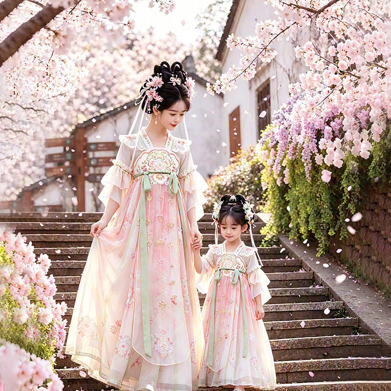 亲子汉服襦裙夏母女童古装连衣裙