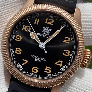 STEELDIVE定制圆形硬币螺纹表圈复古夜光NH35机械男士飞行员手表