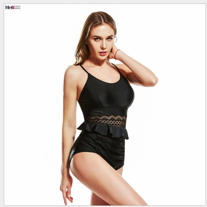 小大码泳衣胖mm连体式高腰遮肚显瘦泳衣女三角性感韩式泳衣女黑色