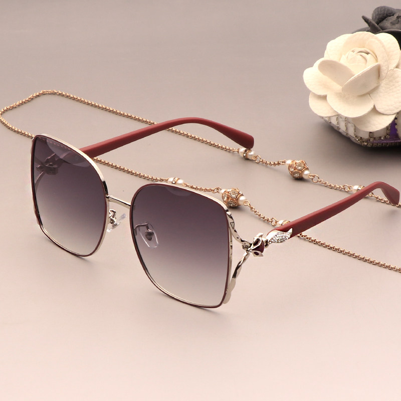 墨镜女防晒太阳镜红色防紫外线狐狸镶钻偏光开车专用眼镜时尚大框