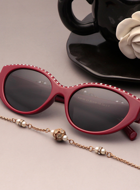 红色复古猫眼偏光墨镜小脸防晒潮