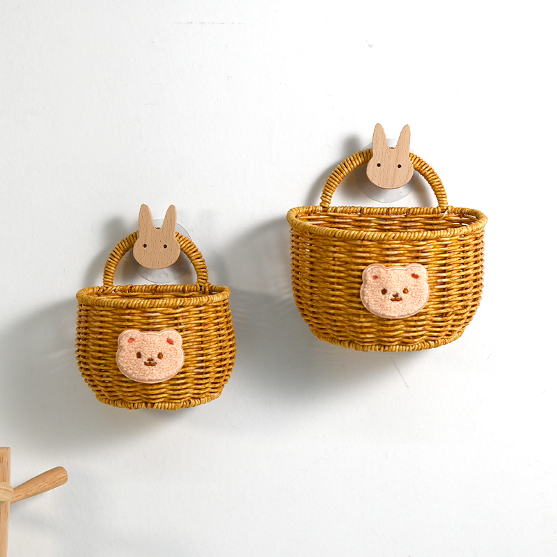 葱姜蒜收纳筐卡通小熊兔子仿藤编织厨房生姜大蒜鸡蛋壁挂置物篮子