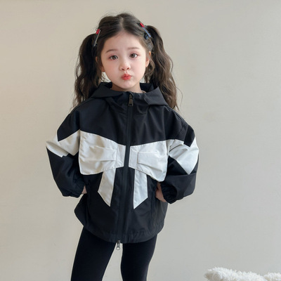 女童外套秋装25新款女孩韩版蝴蝶结拼色连帽防风衣儿童休闲冲锋衣