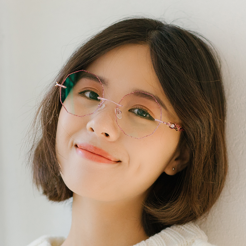 配超轻防蓝光辐射多边形无框圆形复古钻石切边眼镜近视平光眼睛女