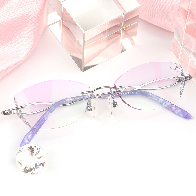 配超轻纯钛钻石切边无框女款眼镜框眼镜架近视平光散光时尚成品
