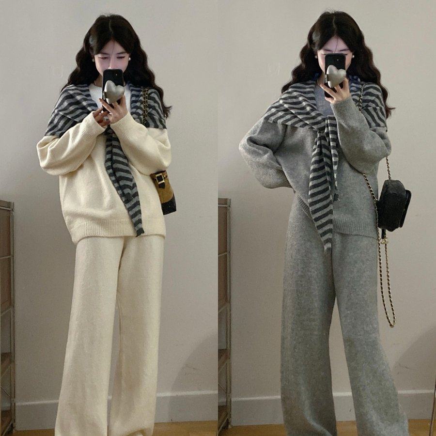 实拍大码秋冬韩系时尚休闲宽松慵懒风条纹披肩针织毛衣+长裤套装,女装/女士精品,大码套装,淘宝优惠券,粉丝福利购,淘宝优惠卷