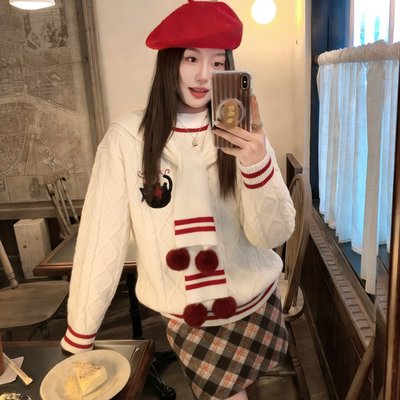 cuwu小黑猫刺绣圣诞红色新年毛衣女秋冬宽松显瘦围巾加厚针织上衣