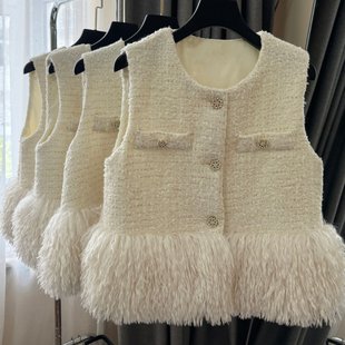 KUN温柔白月光米白色羊毛马甲外套女气质小香风2025秋冬新款