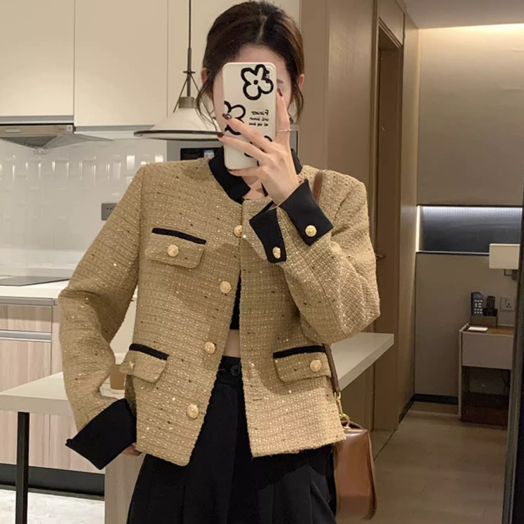 秋冬复古网纱拼接粗花呢上衣名媛小香风气质短款外套,女装/女士精品,常规大码外套,淘宝优惠券,粉丝福利购,淘宝优惠卷