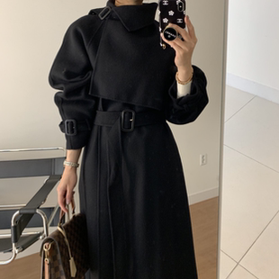 现 复古英伦风半斗篷设计赫本风收腰百变毛呢大衣呢子外套 Korea