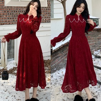 大码女装胖mm新中式连衣裙秋冬气质复古蕾丝拼接中长款内搭打底裙