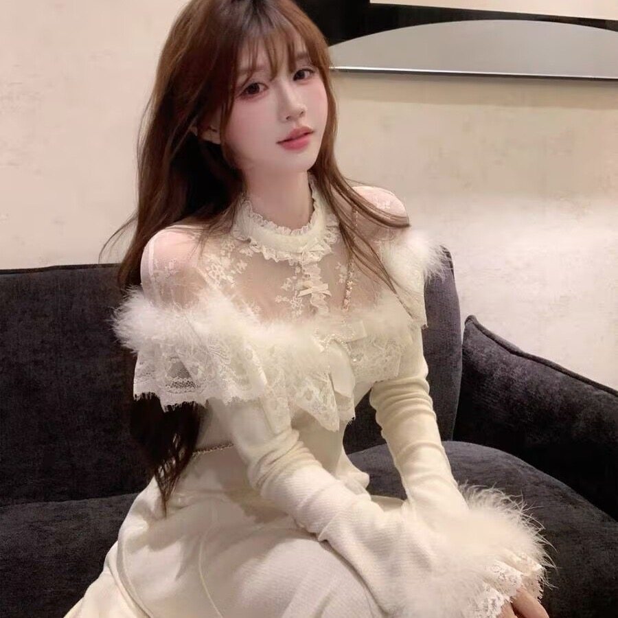 法式温柔风气质毛毛修身连衣裙女装2025秋冬新款收腰公主礼服长裙