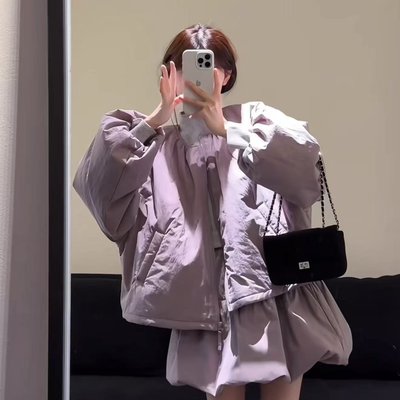 奶呼呼泡芙花苞棉服套装女秋冬新品圆领短外套+半身裙两件套2025