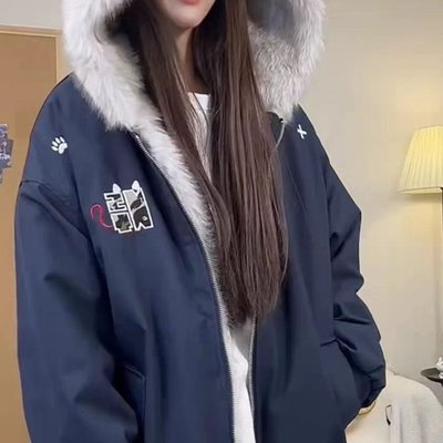 韩系可爱加厚刺绣耳座山雕2025冬季保暖棉衣女连帽外套潮