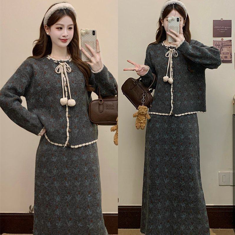 实拍大码秋冬新款胖MM韩系复古系带花边毛衣外套半身裙针织两件套,女装/女士精品,大码套装,淘宝优惠券,粉丝福利购,淘宝优惠卷