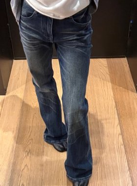 SUNONEONE 水洗蓝色猫须纹低腰微喇牛仔裤女秋冬修身显瘦休闲裤子