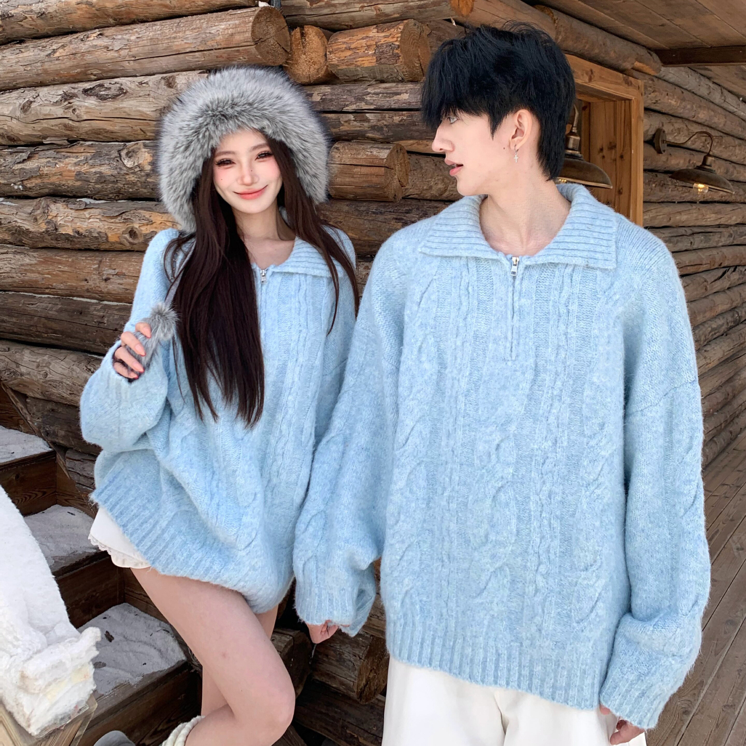 实拍2025情侣装毛衣小清新蓝色翻领针织毛衣