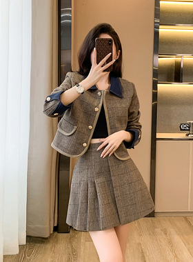 实拍5779#新款复古外套半身裙套装英伦学院风减龄少女感两件套