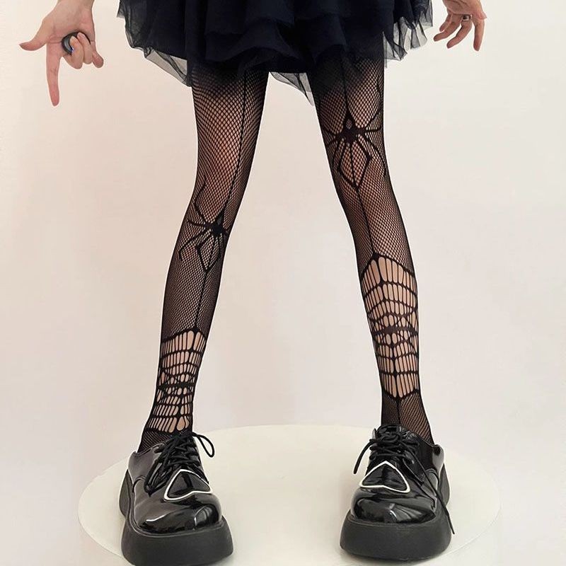 万圣节黑色丝袜倒挂蜘蛛网袜朋克哥特风连裤袜暗黑个性y2k打底袜