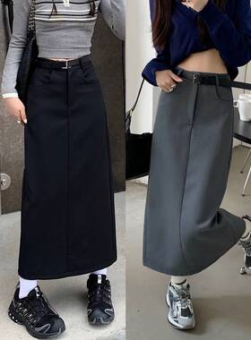 工装小个子a字长裙子夏开叉半裙一步胖mm半身裙女春黑色西装新款