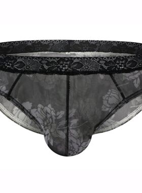 通用 男士内裤三角裤性感透明网纱透气印花蕾丝三角U凸蕾丝边