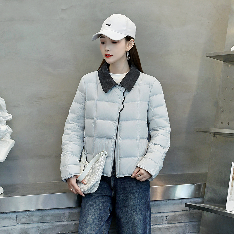 轻薄短款泡芙排骨羽绒服女冬季2025新款翻领撞色90白鸭绒时尚外套