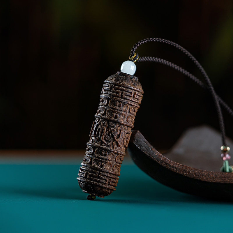 保真越南惠安沉香雕刻六字真言项链吊坠沉水挂件木质天珠挂坠礼物