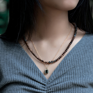 沉水级芽庄白奇楠沉香项链水晶双层叠加颈链天然沉香木锁骨链女款