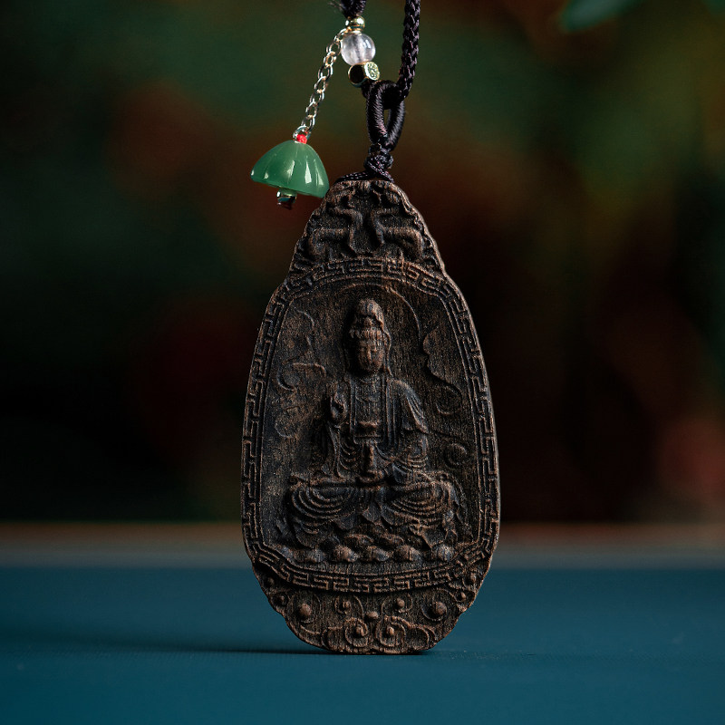 天然越南芽庄绿奇楠雕刻吊坠沉水沉香净瓶观音牌老料挂件木质挂饰