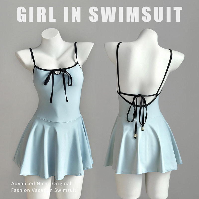 纯欲风泳衣女连体裙式性感大露背显瘦遮肚带胸垫小胸挂脖泳装温泉