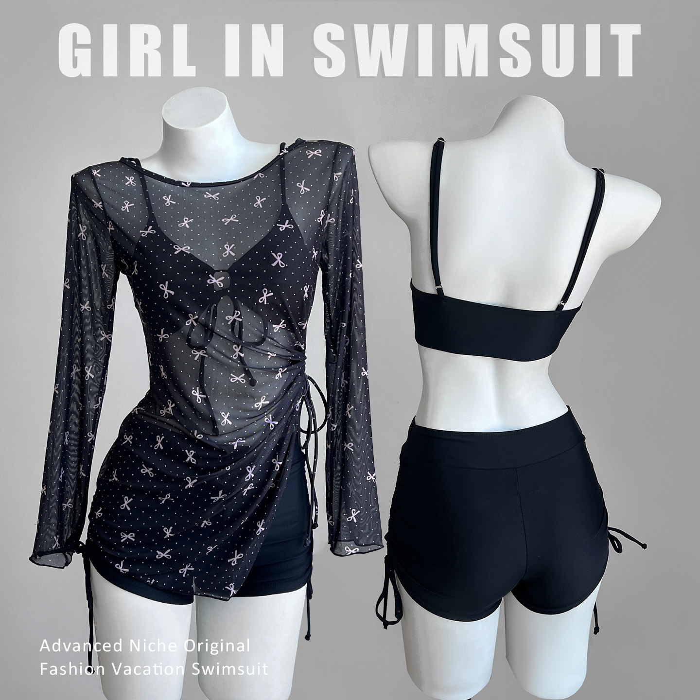 性感辣妹长袖泳衣女分体网纱透视长袖洋气游泳泡温泉泳装水上乐园