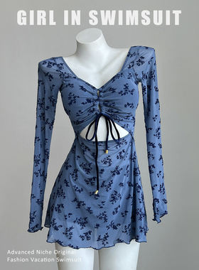 蓝色小碎花ins泳衣女分体式平角裤长袖性感镂空胖mm遮肉大码泳装