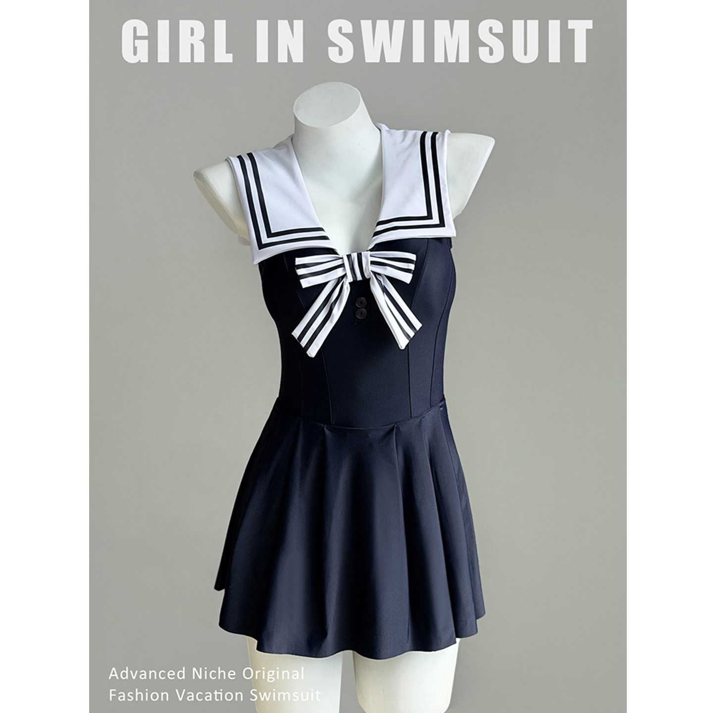 海军风少女连体泳衣女裙式保守显瘦遮肉小胸防走光遮肚子泳装温泉