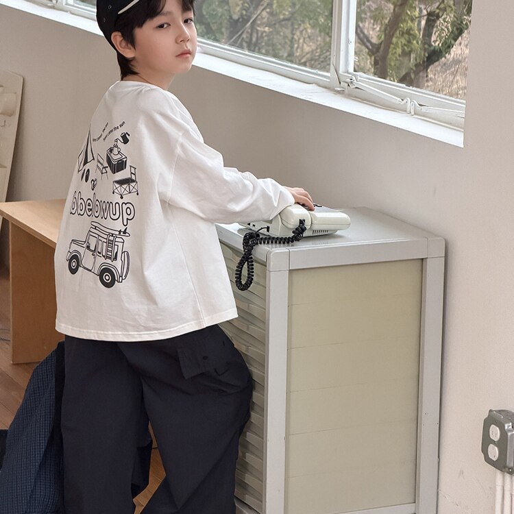 纯棉儿童长袖T恤2026新款男童字母卡通上衣宽松宝宝圆领打底衫潮